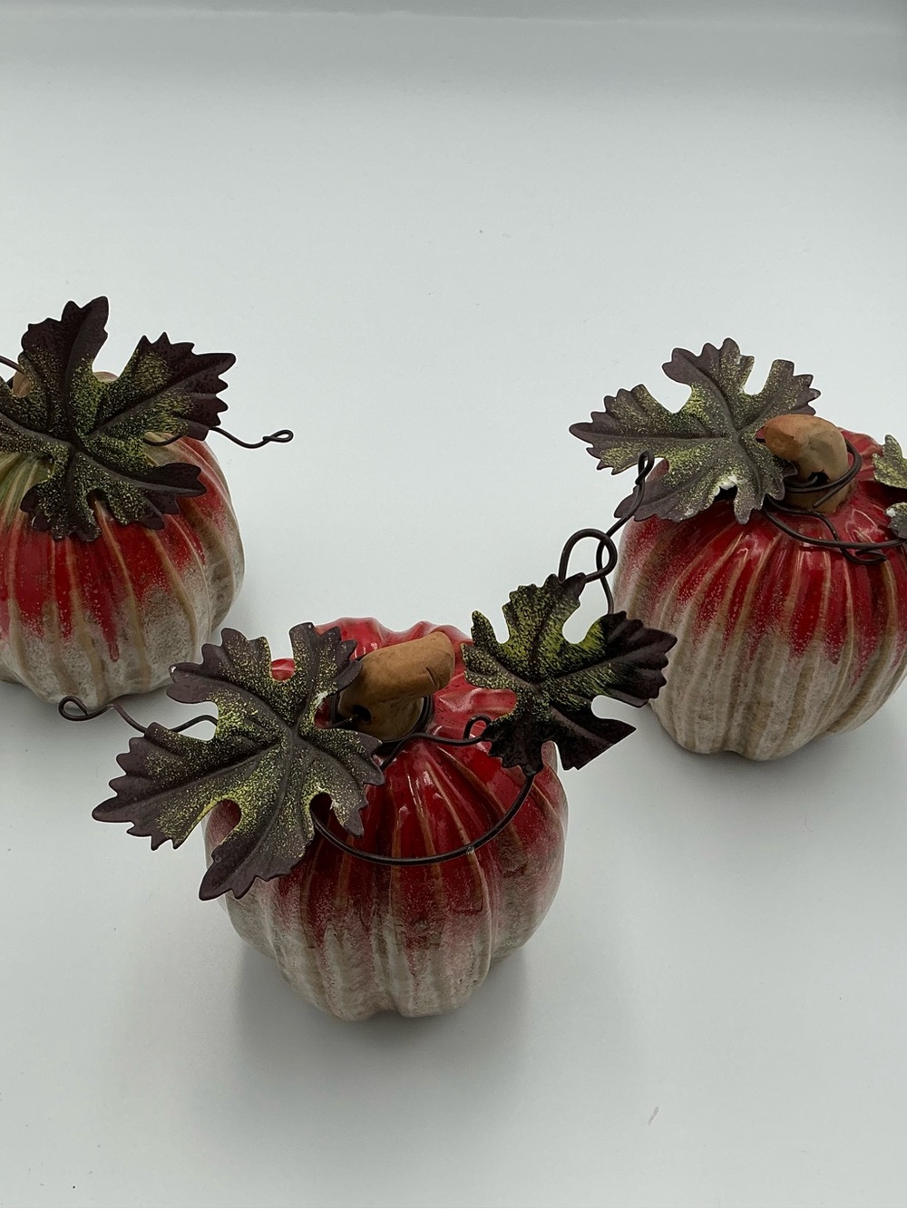 Decorative Red Ceramic Pumpkin with Leaf Accent - Home Holiday